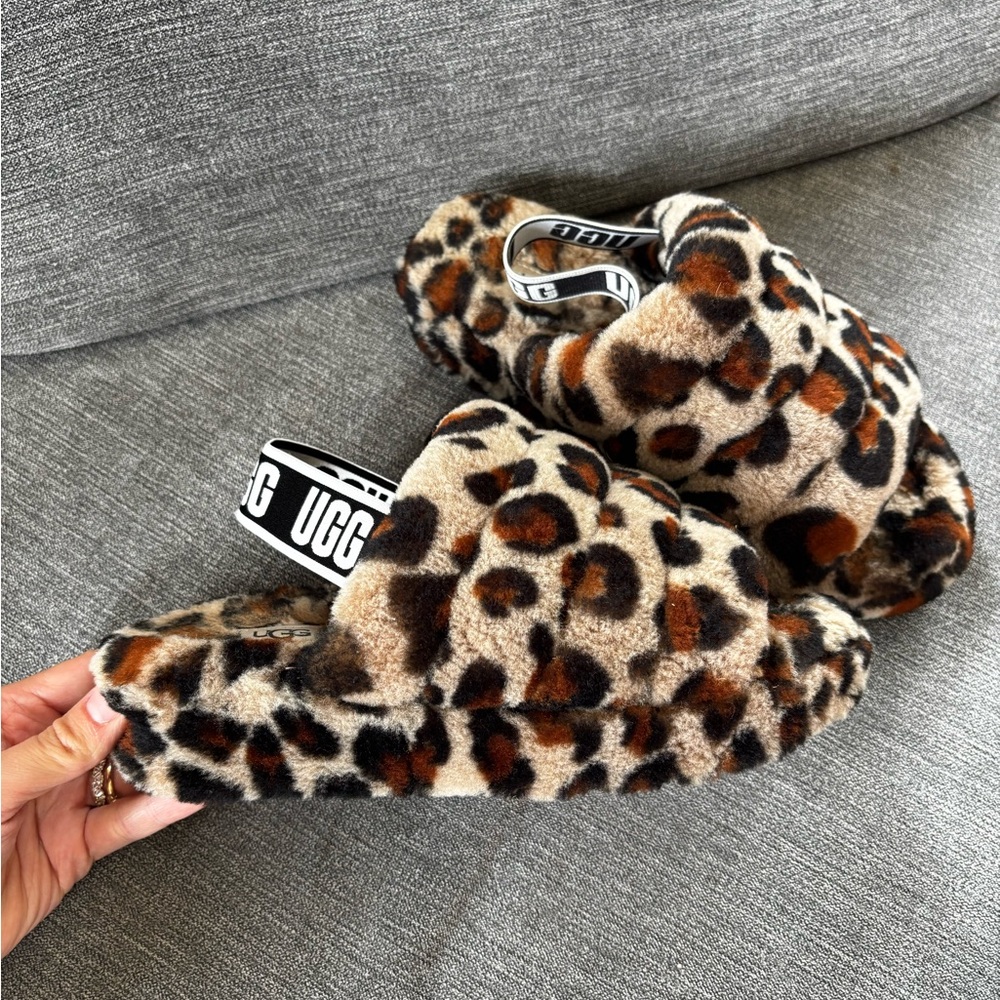 UGG Leopard Fuzz Slide Sandals - Brown/Black/Cream - Picture 4 of 9